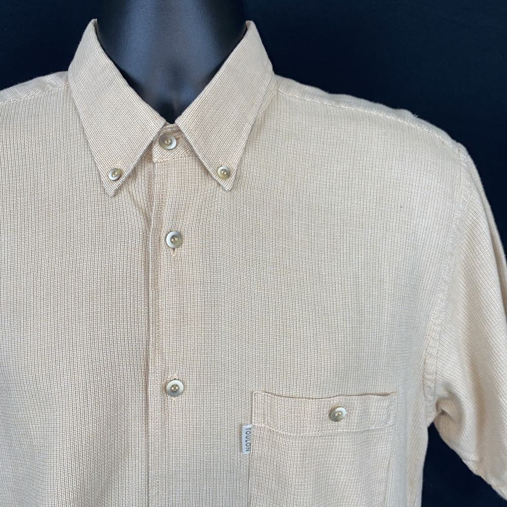 Toulon Mens M Shirt Beige Textured Short Sleeve Button Up Cotton Nylon‎ Blend